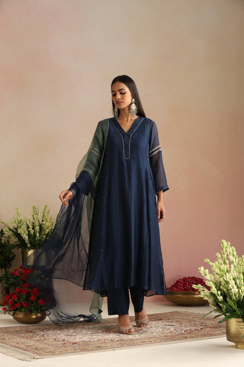Navy Blue Silk Chanderi Embroidered Kurta Set