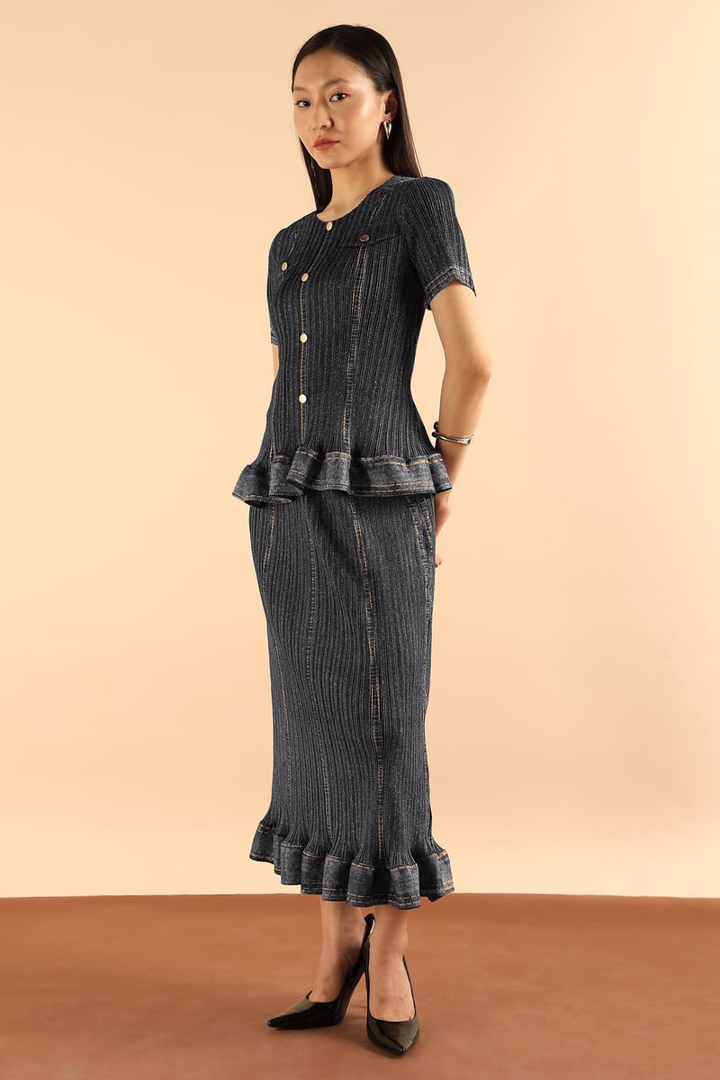 Black Button-Front Peplum Top and Maxi Skirt Co-ord Set