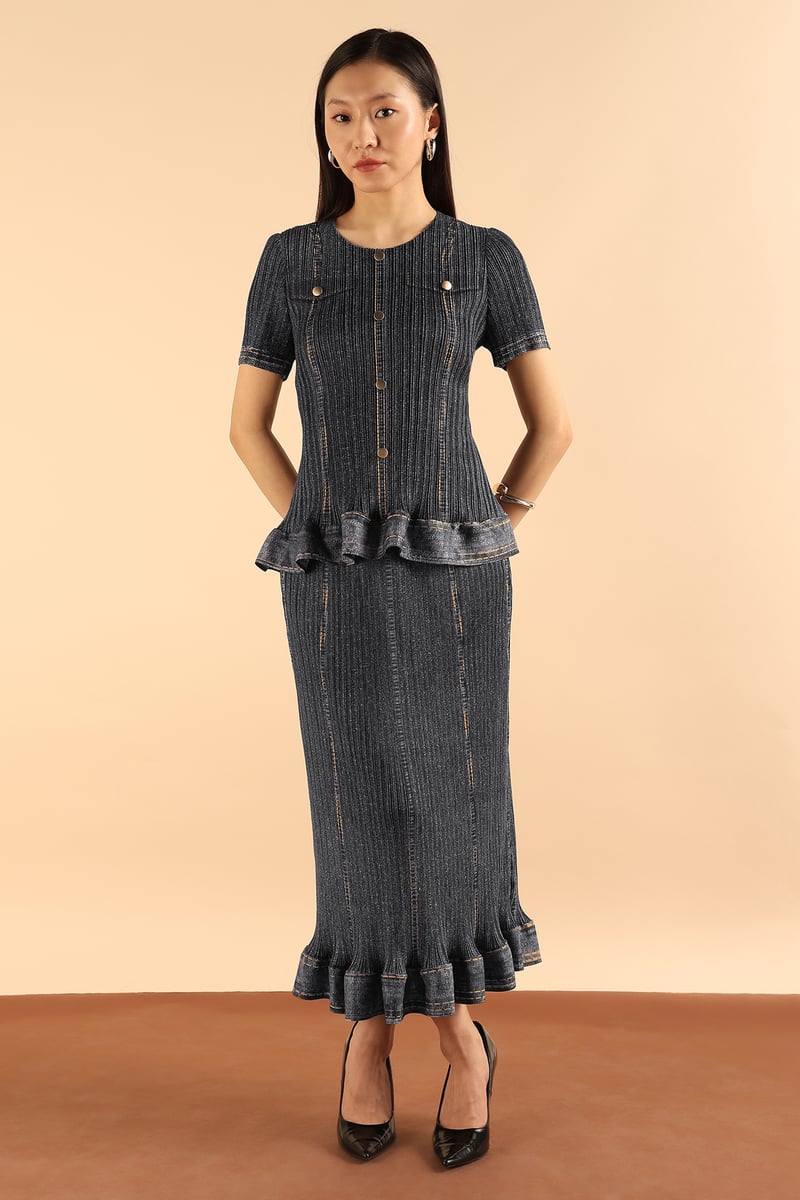 Black Button-Front Peplum Top and Maxi Skirt Co-ord Set