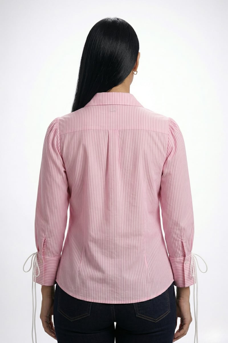 Pink and White Pinstripe Shirt with Floral Appliqué