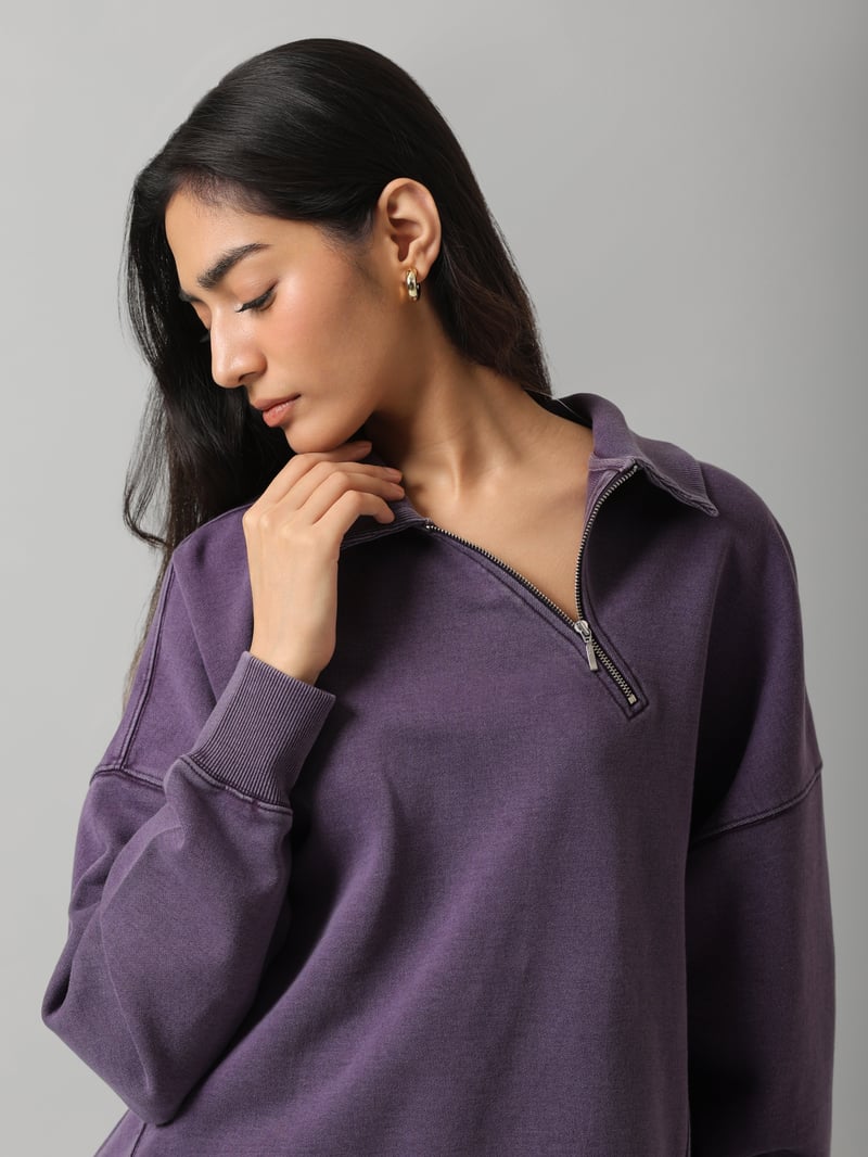 Plum Cotton Terry Diagonal Zip-Neck Polo Sweatshirt