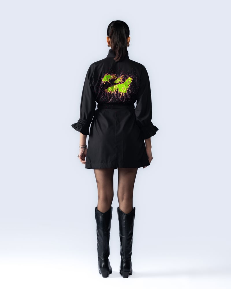 Black Zip-Front High Neck Graphic Mini Dress