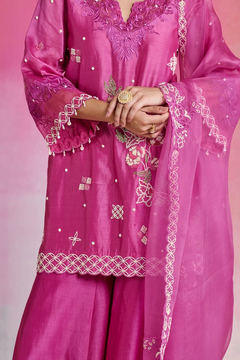 Fuchsia Chanderi Embroidered Kurta Sharara Set with Dupatta
