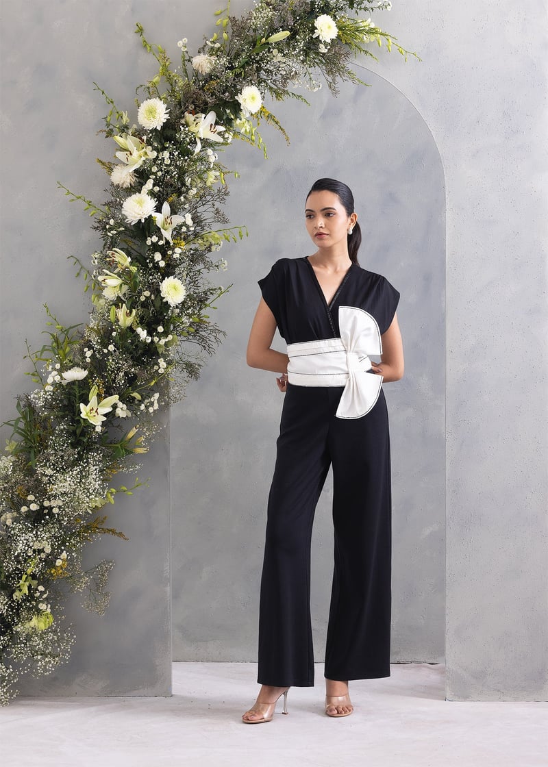 Black V-Neck Jumpsuit with Detachable White Bow Belt