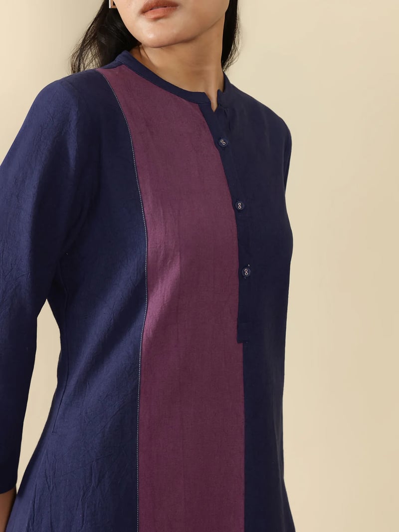 Linen Blend Colourblock Kurta - Navy Blue