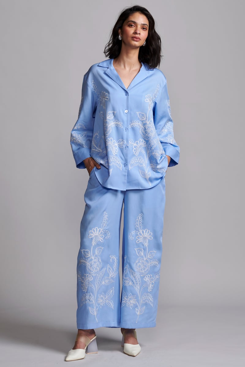 Pastel Blue Tencel Placement Embroidered Relaxed Fit Shirt