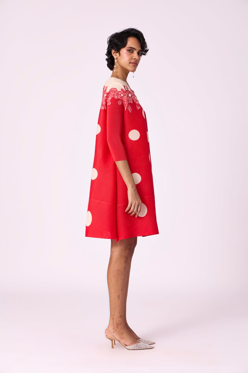 Red Polka Dot Button-Front Knee-Length A-Line Dress