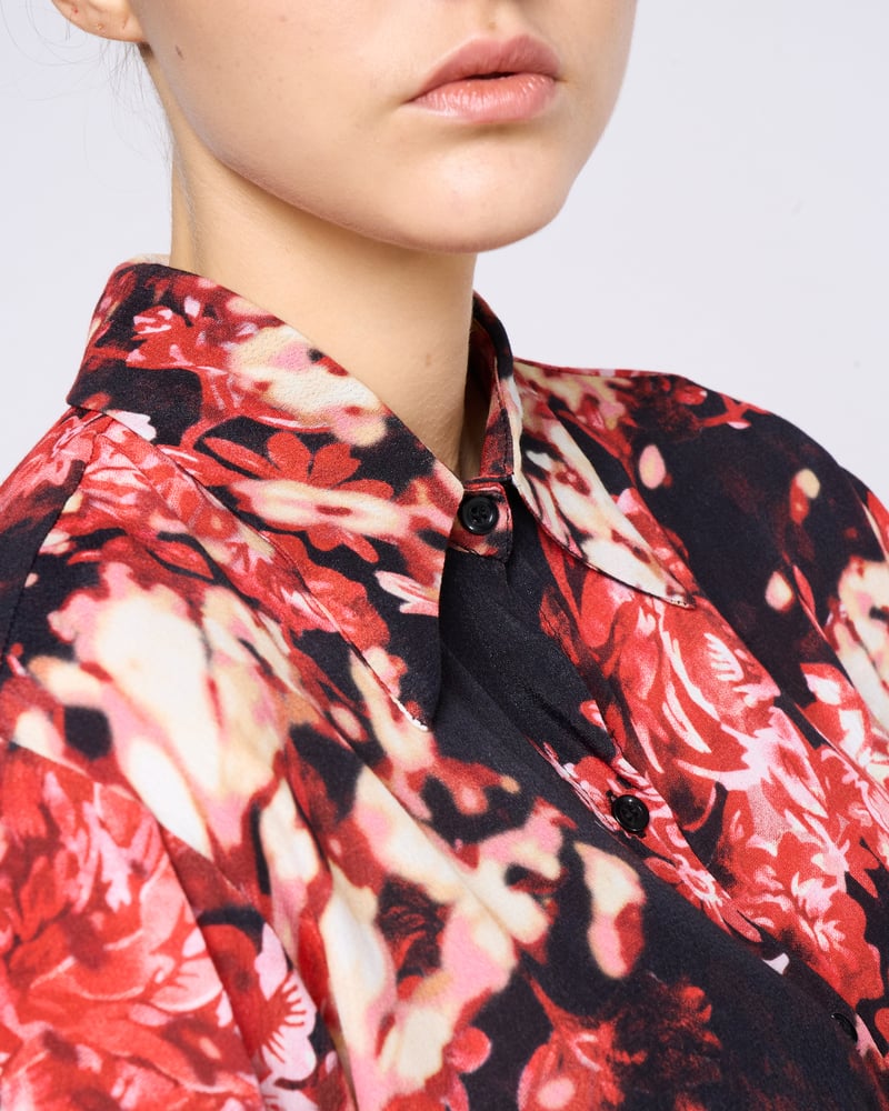 Red and Black Floral Printed Button-Down Shirt