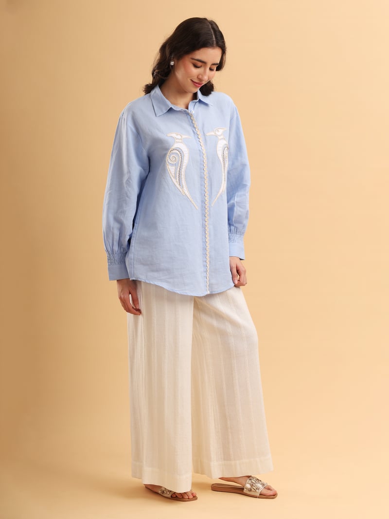 Ice Blue Cotton Linen Appliqué Button-Down Shirt
