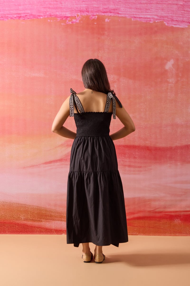 Black Smocked Tiered Midi Dress with Contrast Hem Embroidery