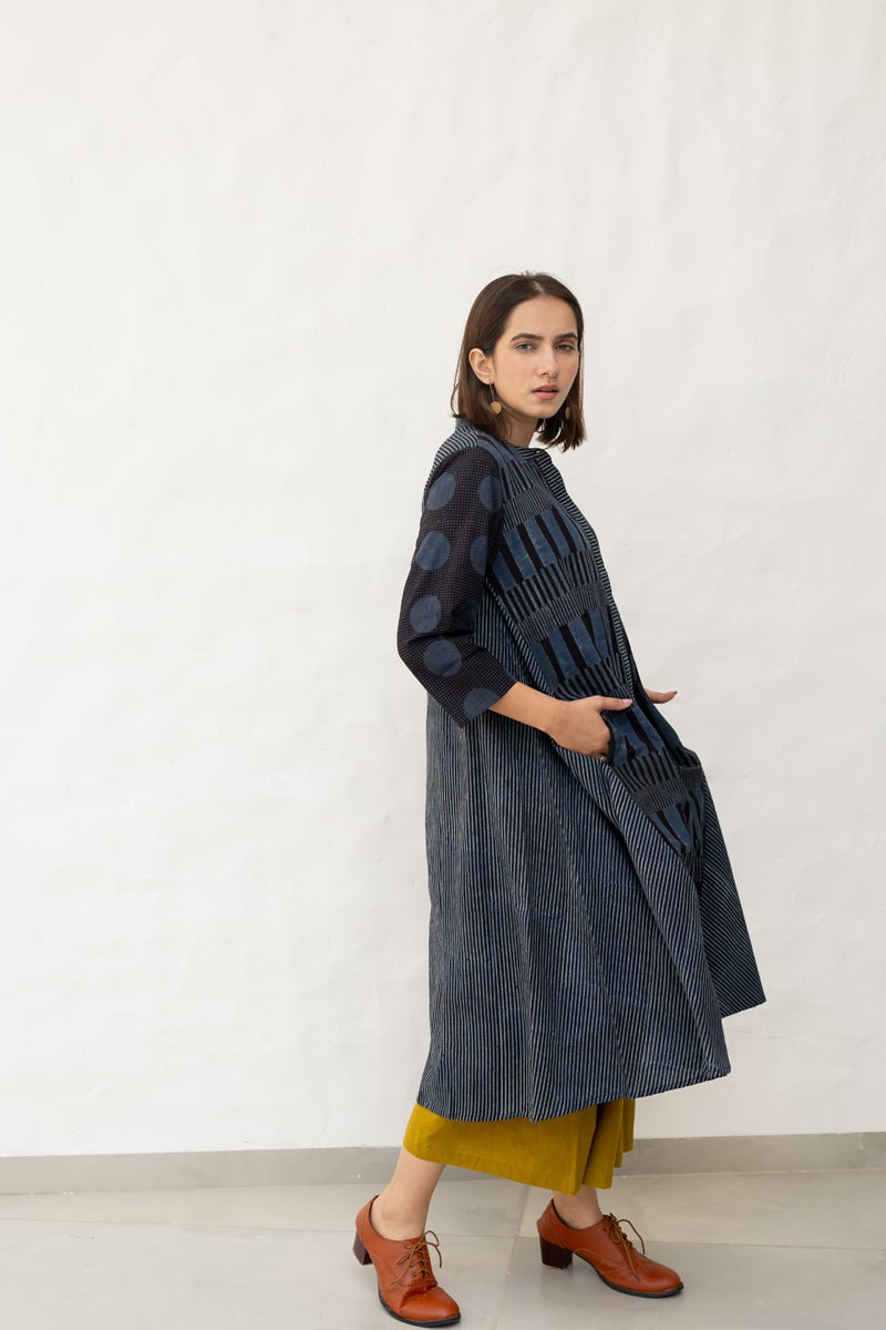 Black and Indigo A-Line Block Print Cotton Kurta