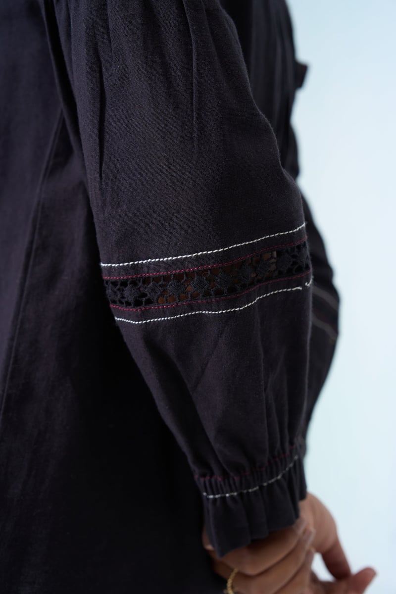 Black Embroidered Ruffle-Shoulder Cotton Flex Shirt