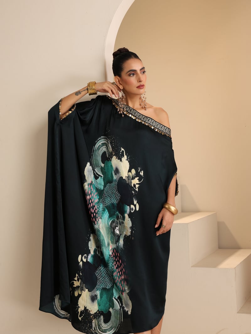 Green Abstract Print One-Shoulder Modal Satin Kaftan