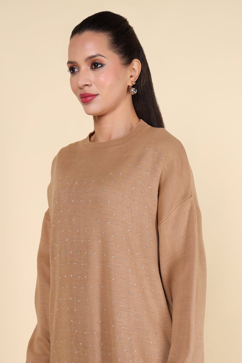 Brown Studded Knit Top and Wide-Leg Pants Co-ord Set