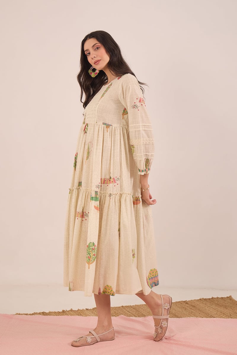 Cream Cotton Scenic Print Tiered Midi Dress