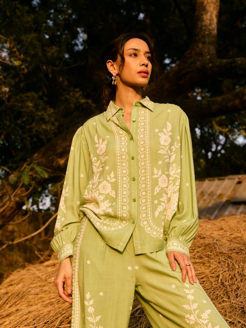 Green Floral Printed Cotton Button-Down Shirt