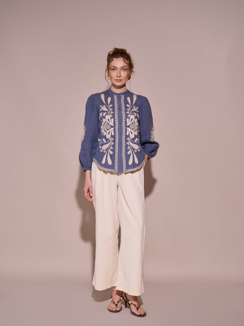 Green Linen Embroidered Mandarin Collar Blouse