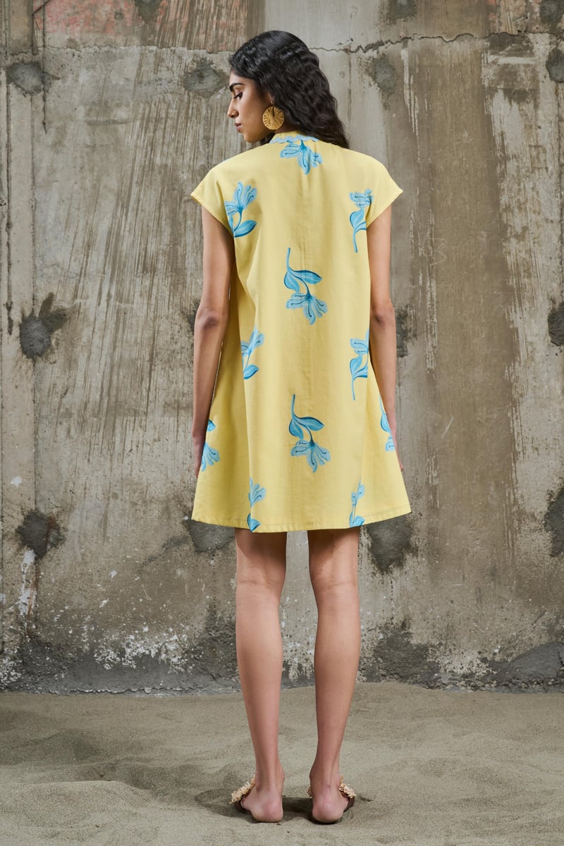 Yellow Floral Print Mini Shift Dress with Front Zip