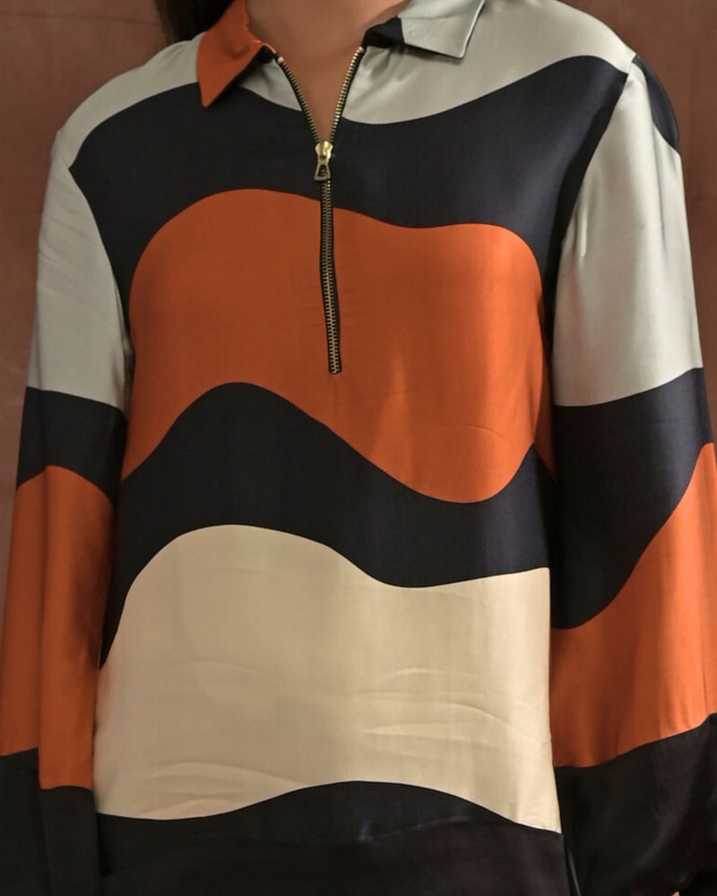 Abstract Wave Print Modal Satin Half-Zip Collared Top