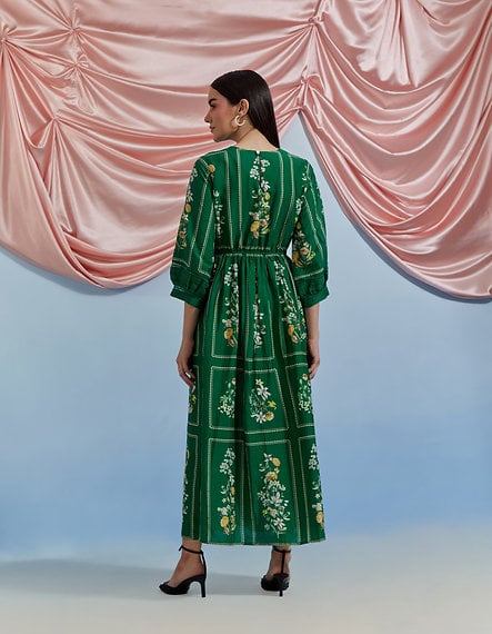Forest Green Floral Maxi Dress with Embroidered Yoke
