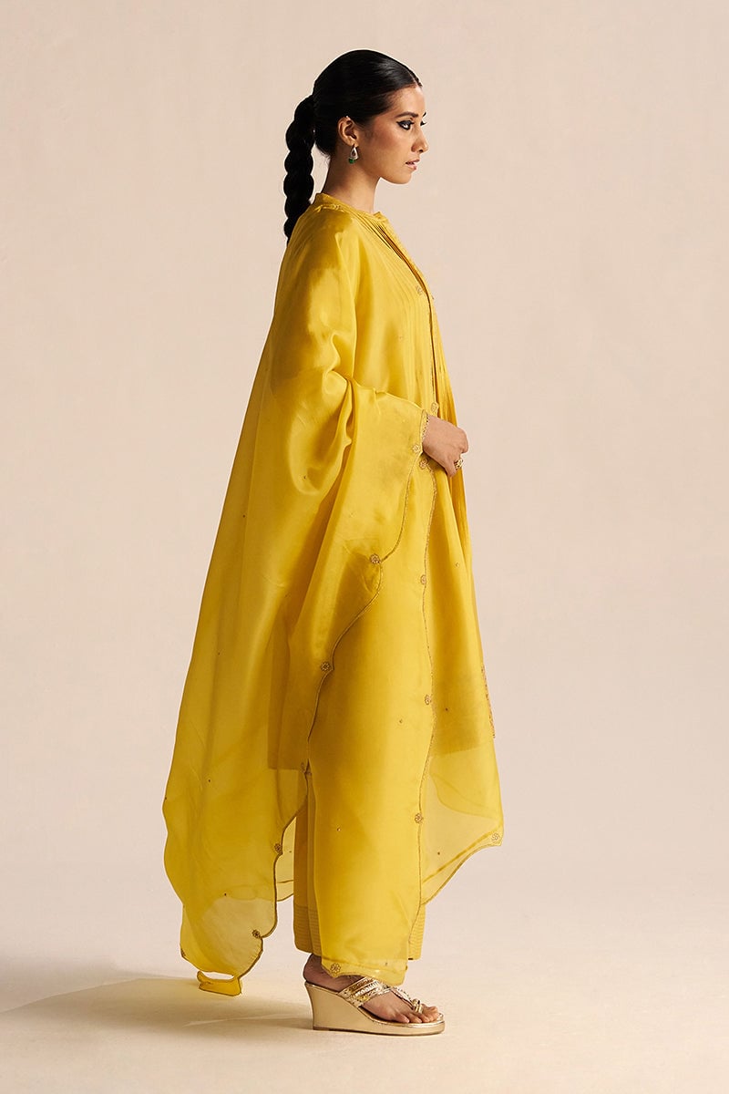 Bamboo Yellow A-Line Kurta Set with Zari Border