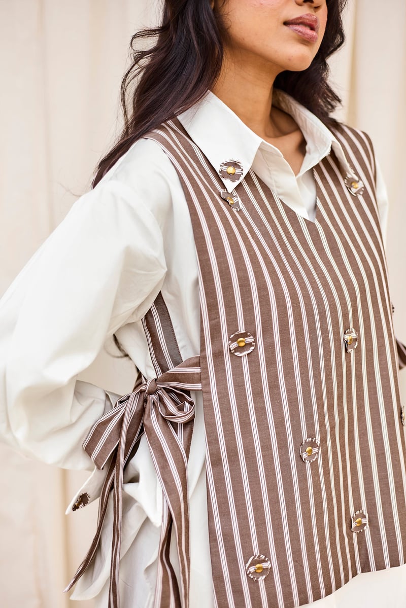 White Embellished Set with Brown Vest