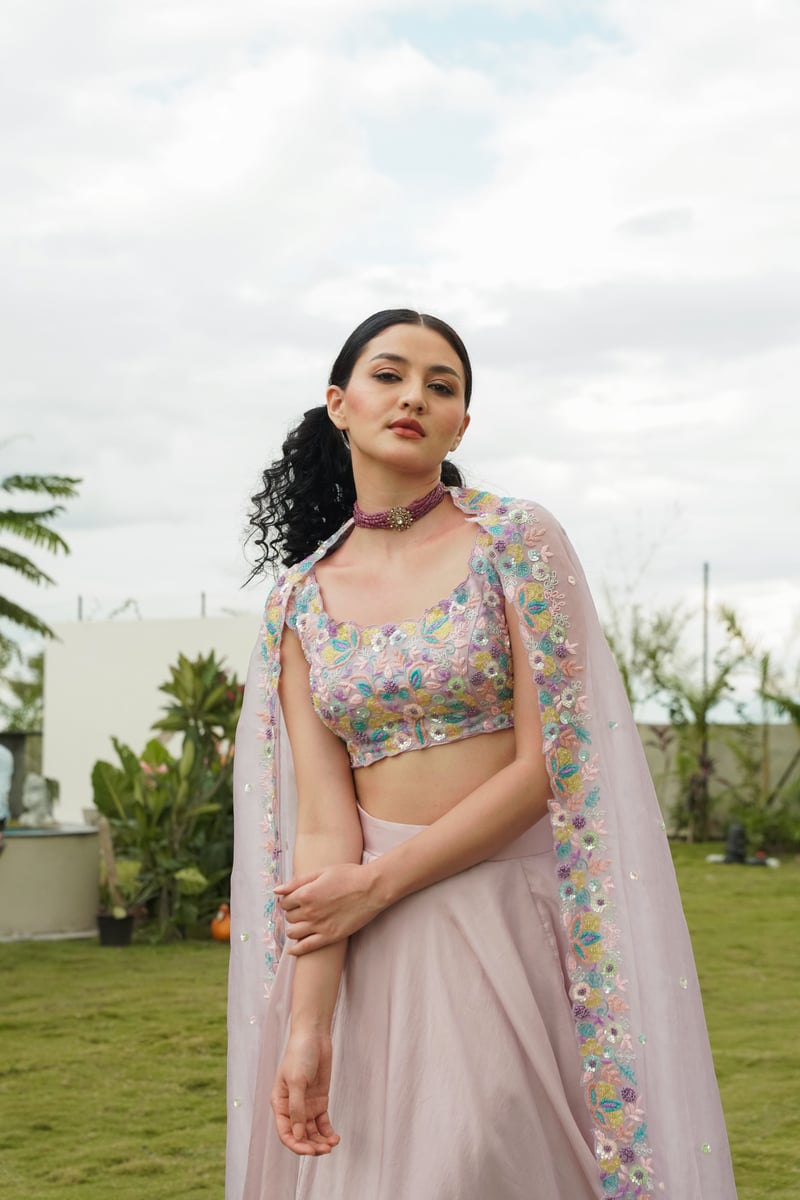 Pink Embroidered Lehenga Set with Tiered Skirt