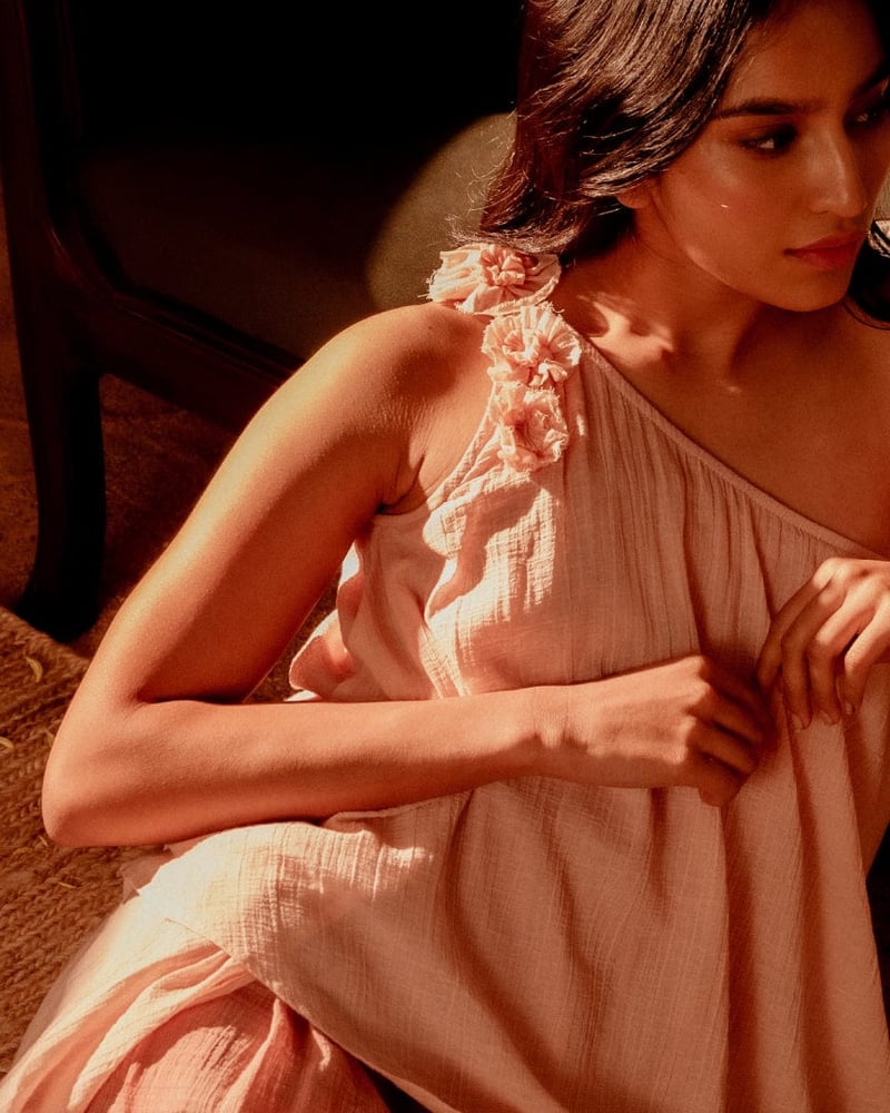 Dusty Pink One-Shoulder Tiered Knee-Length Dress
