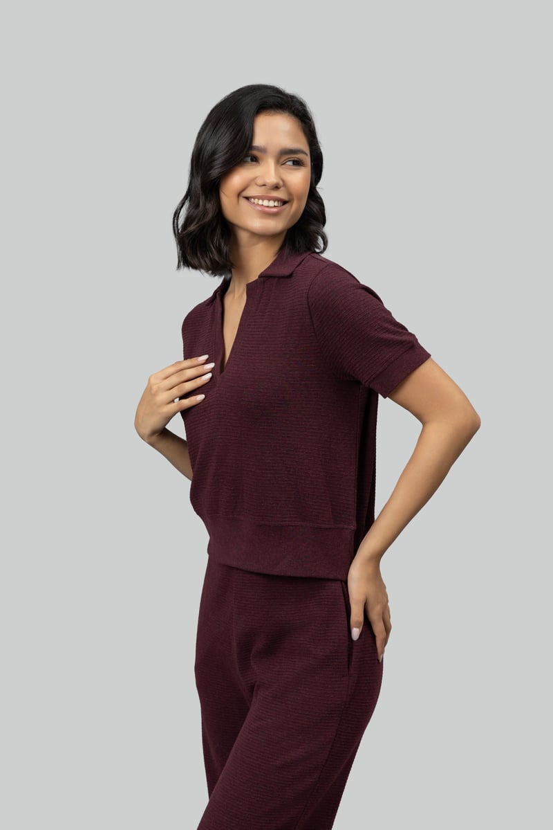 Burgundy Ottoman Rib Cropped Polo Top