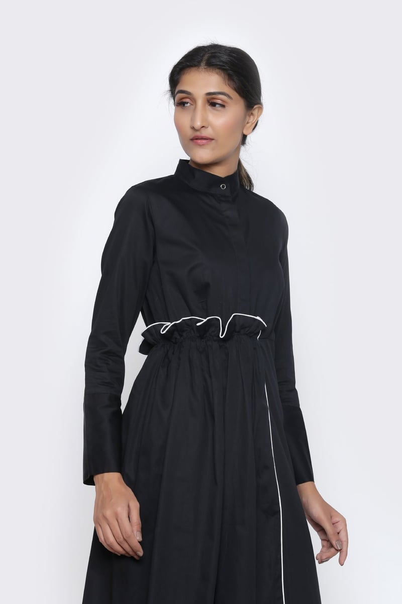 Black Cotton Satin Asymmetrical Midi Shirt Dress — Escape By Aishwarya