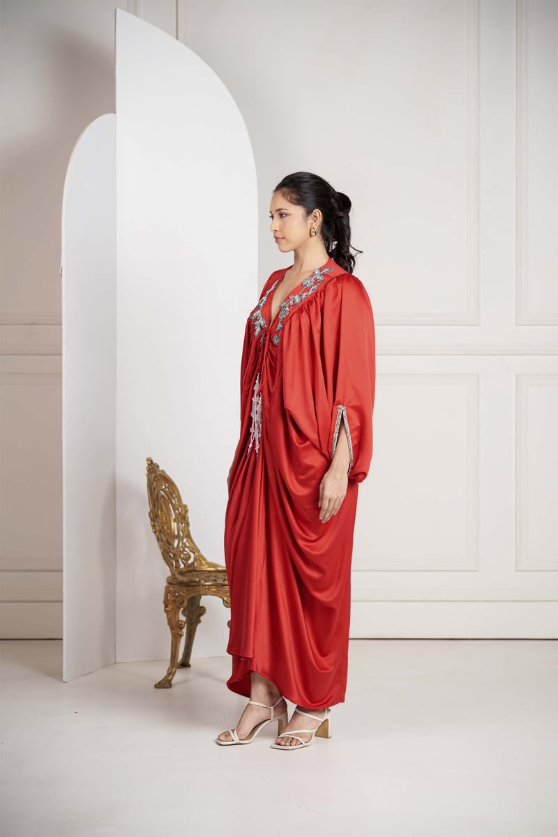 Red Crepe Satin V-Neck Kaftan with Embroidered Neckline