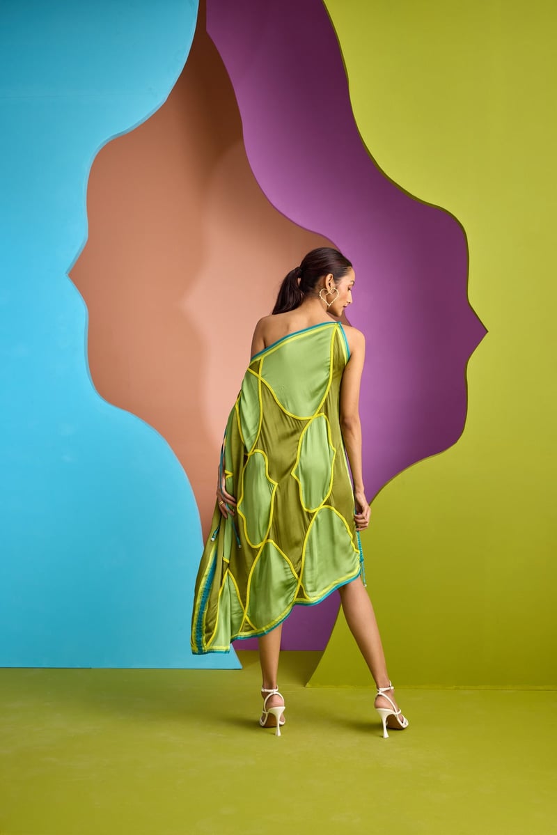 Green One-Shoulder Asymmetrical Midi Kaftan Dress