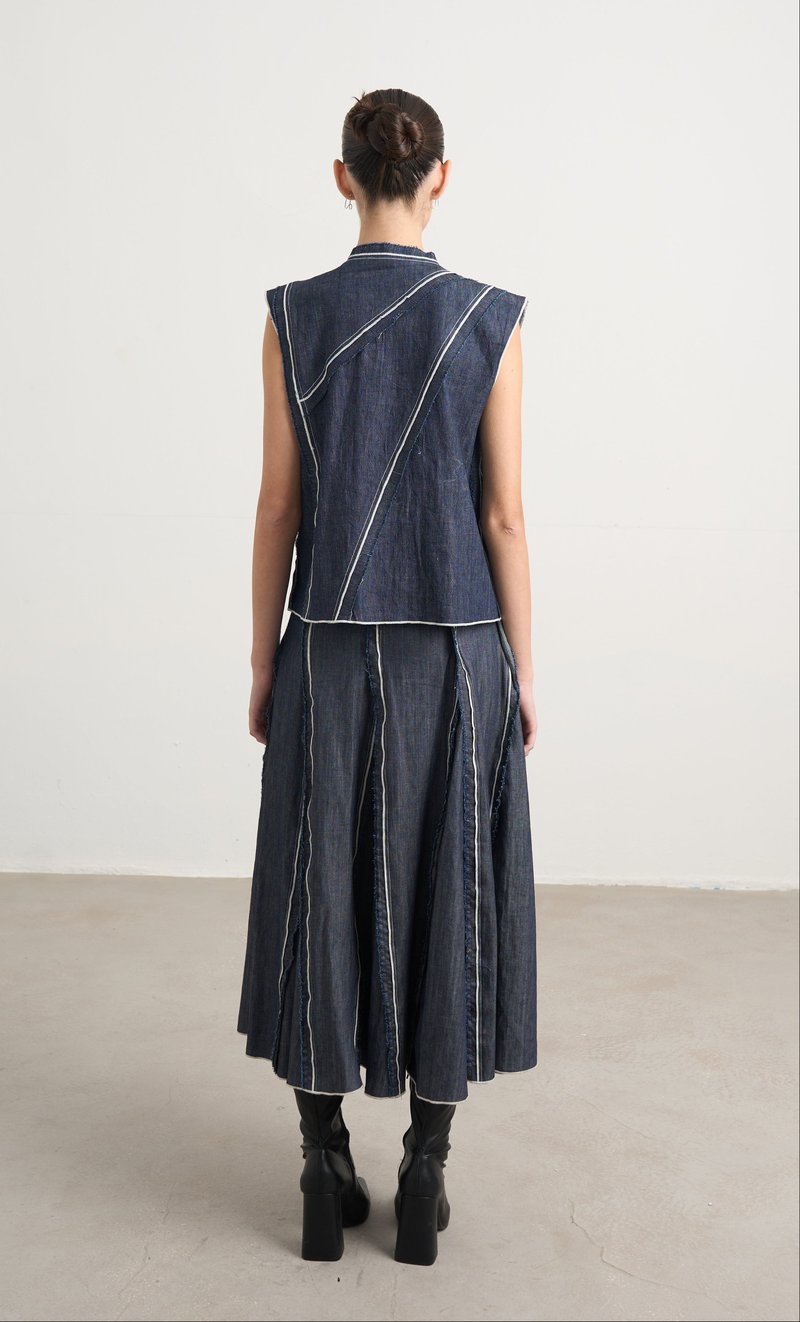 Blue Denim Panelled Maxi Skirt with Side Zip