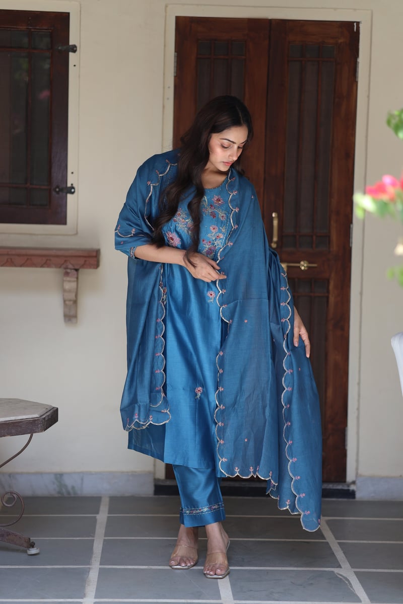 Prussian Blue Chanderi Embroidered Kurta Set with Dupatta