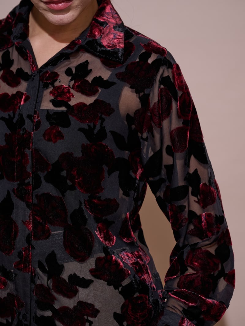 Black Sheer Mesh Shirt with Velvet Floral Overlay