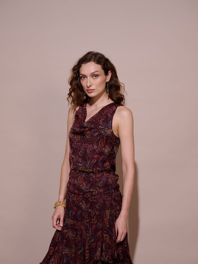 Wine Paisley Print Cowl Neck Sleeveless Top