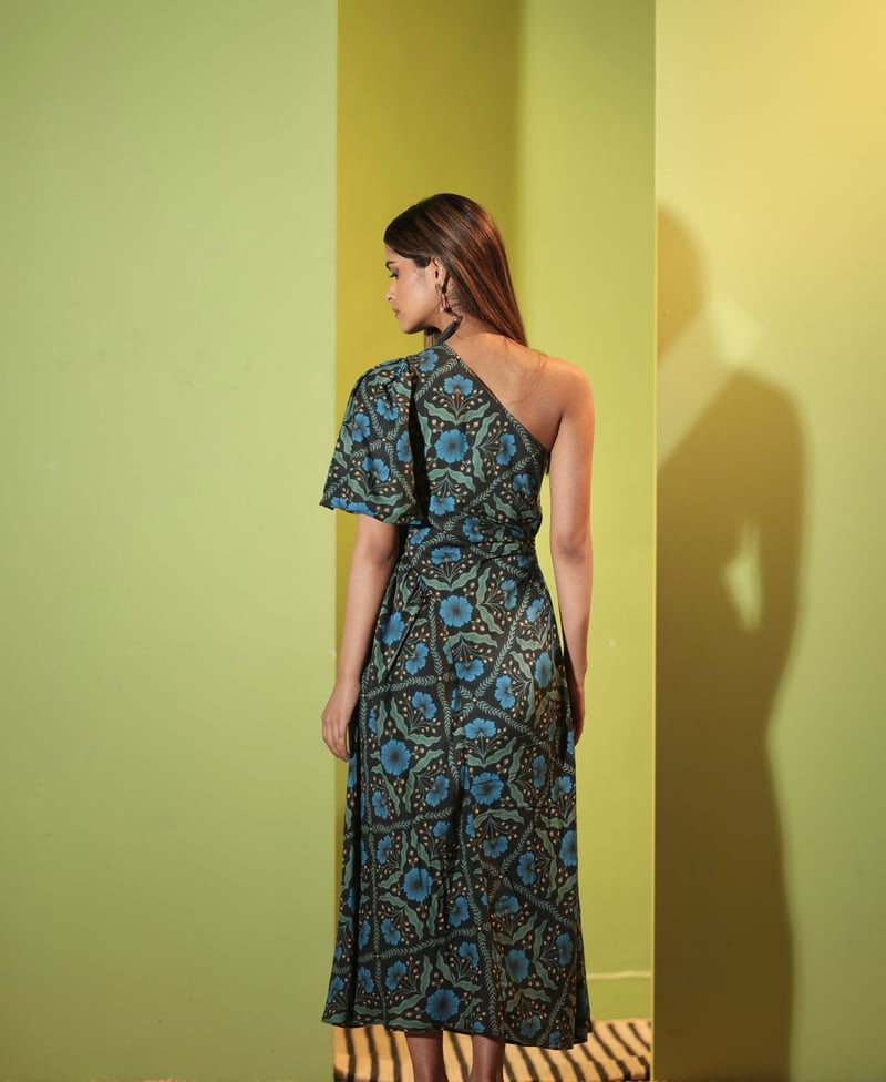 Black Floral One-Shoulder Cut-Out Midi Dress