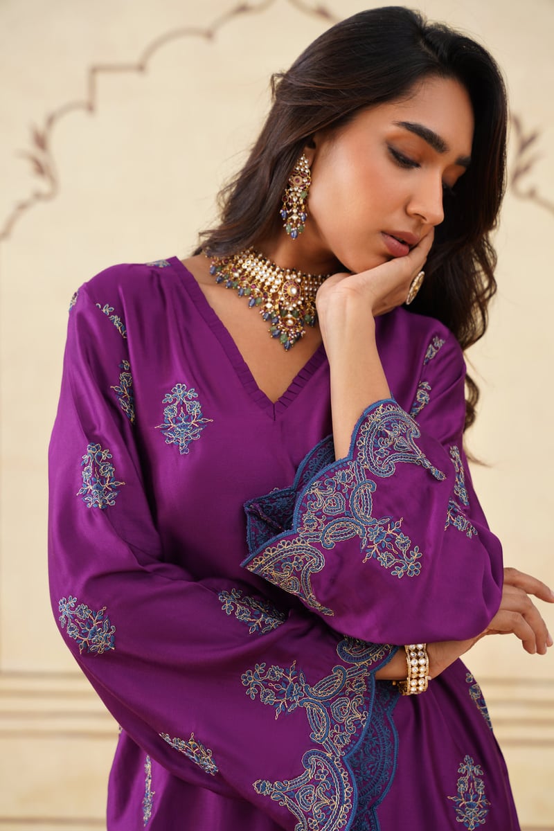 Wine Embroidered Kurta Set with Farshi Pants and Dupatta
