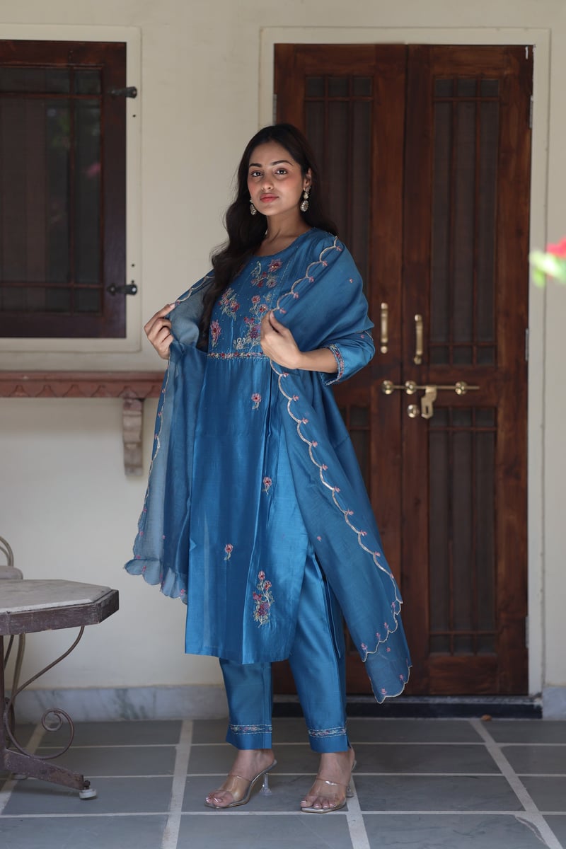 Prussian Blue Chanderi Embroidered Kurta Set with Dupatta