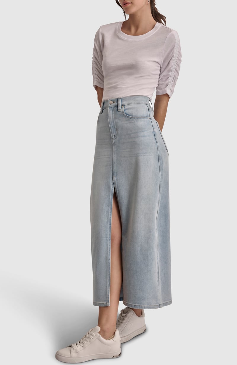 Light Wash Denim Maxi Skirt with Front Slit