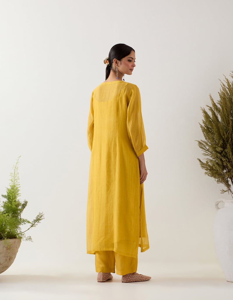 Mustard Chanderi Embroidered Yoke Kurta Set