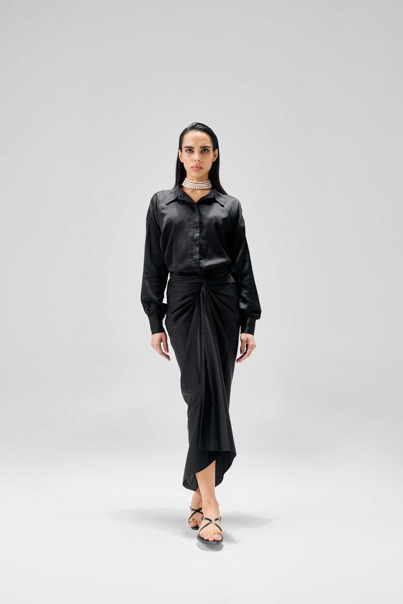 Black Satin Shirt and Sarong Skirt Co-ord Set