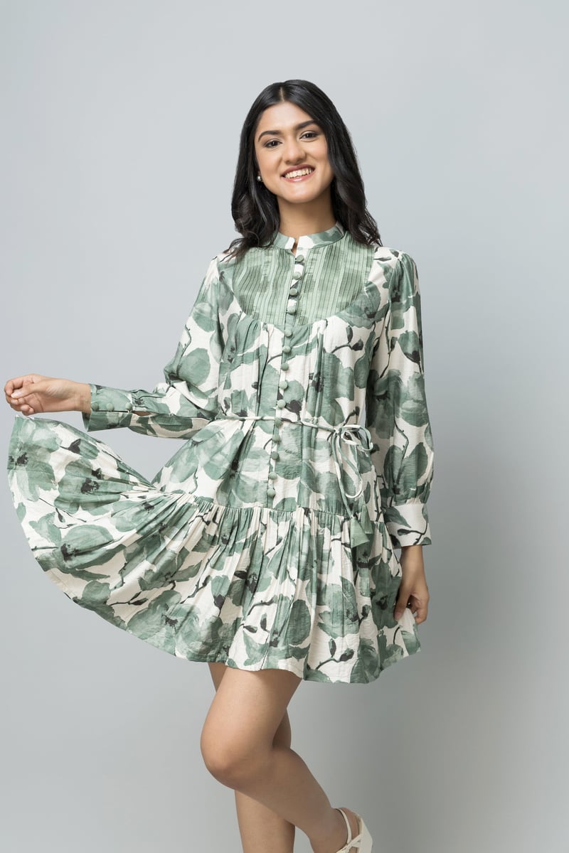 Sage Green Floral Fit and Flare Knee-Length Dress