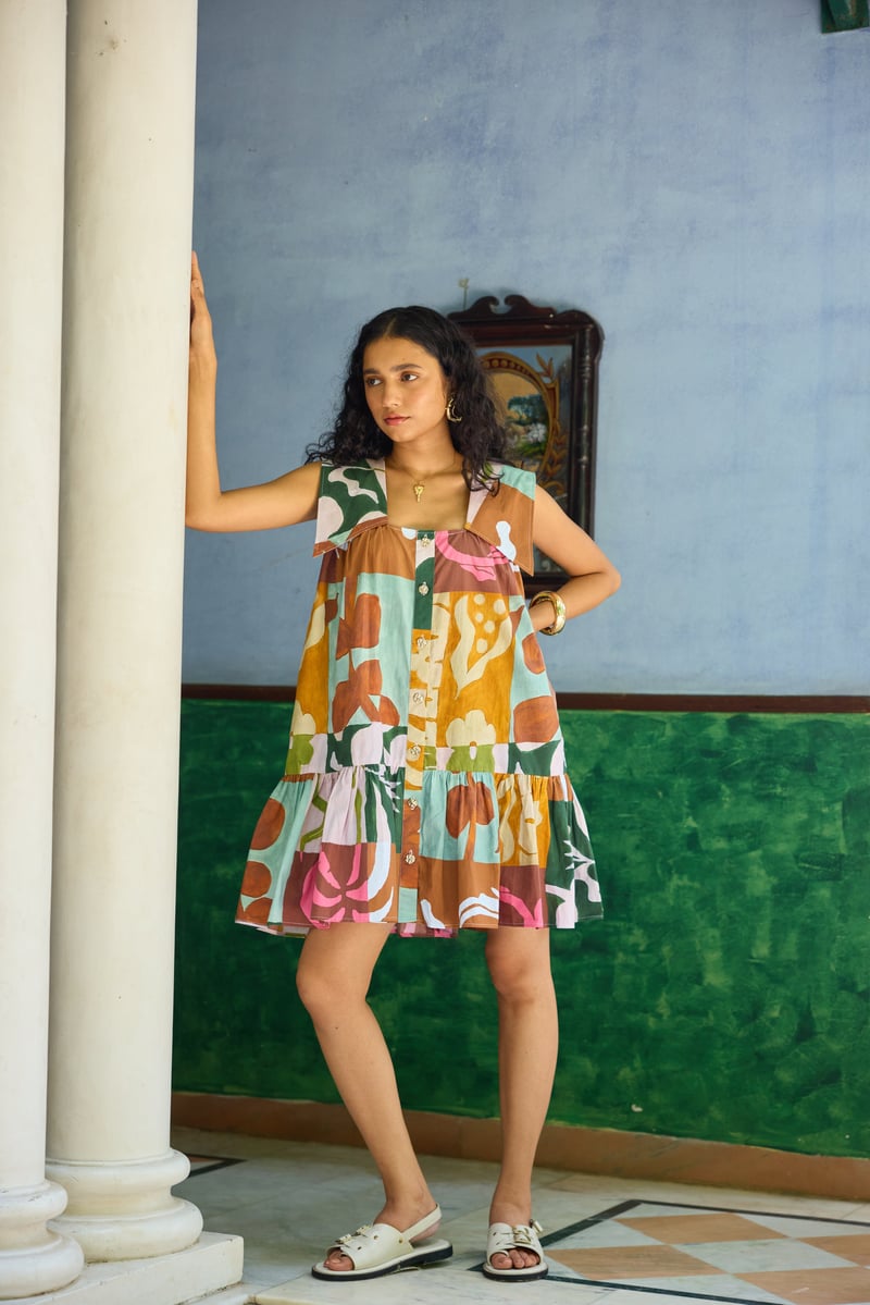 Multicolor Abstract Printed Poplin Tiered Mini Shift Dress