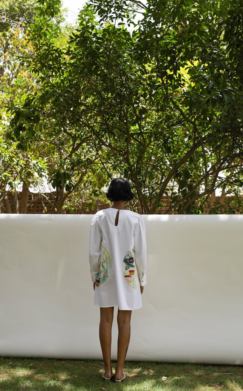 White A-Line Dress with Puff Sleeves and Printed Pockets