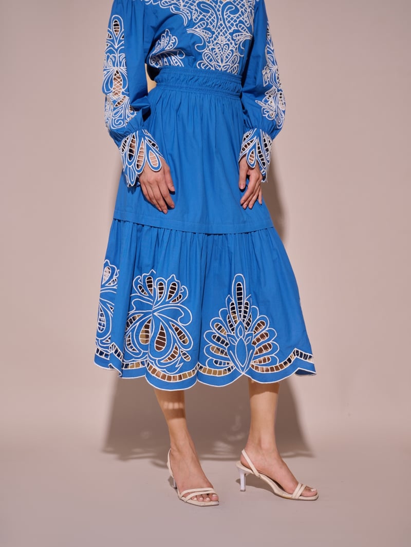 Blue High-Waist Tiered Cutwork Midi Skirt