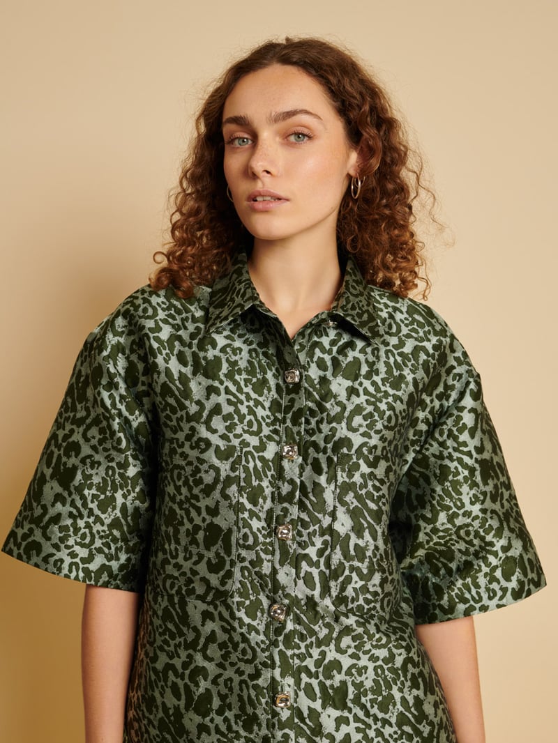 Green Animal Print Boxy Button-Down Shirt