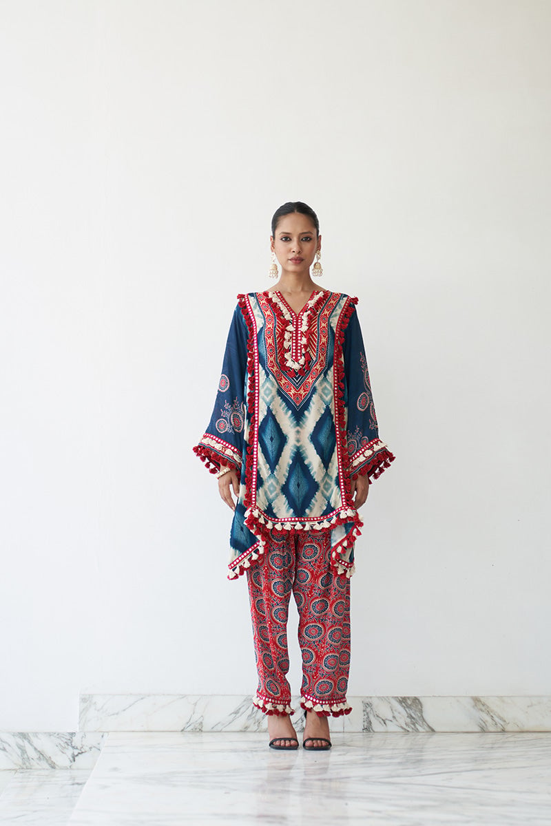 Blue Printed Crepe Kurta Set with Mirror Work Trim — Chakkraa