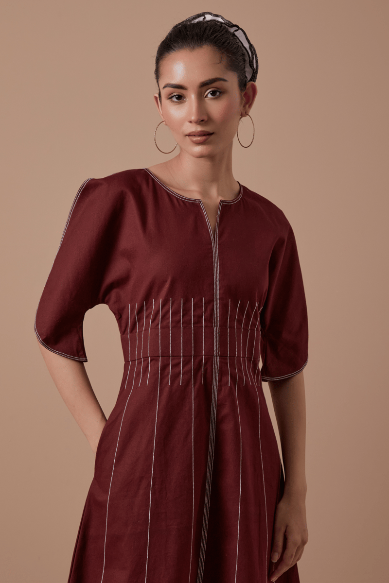 Maroon A-Line Midi Dress with Boat Neck