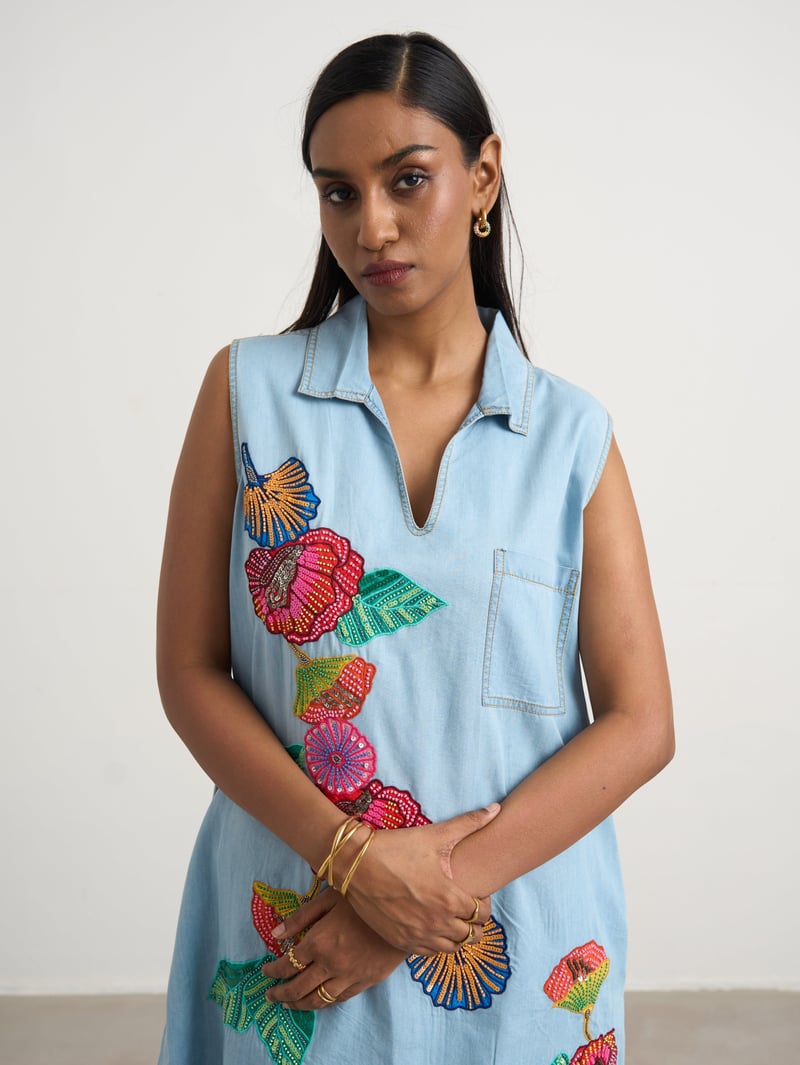 Blue Denim Sleeveless Collared Dress with Floral Embroidery